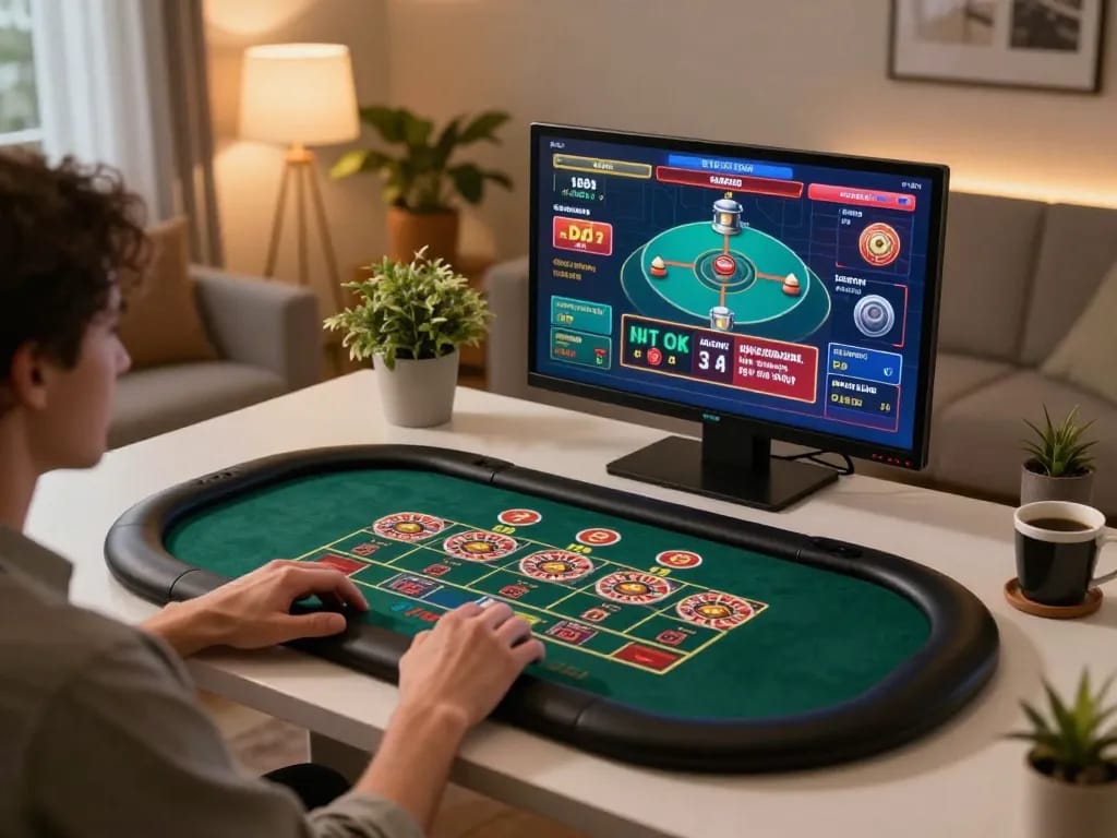 Engaging in live dealer games on va88, showcasing a dynamic online gambling experience in a stylish home office