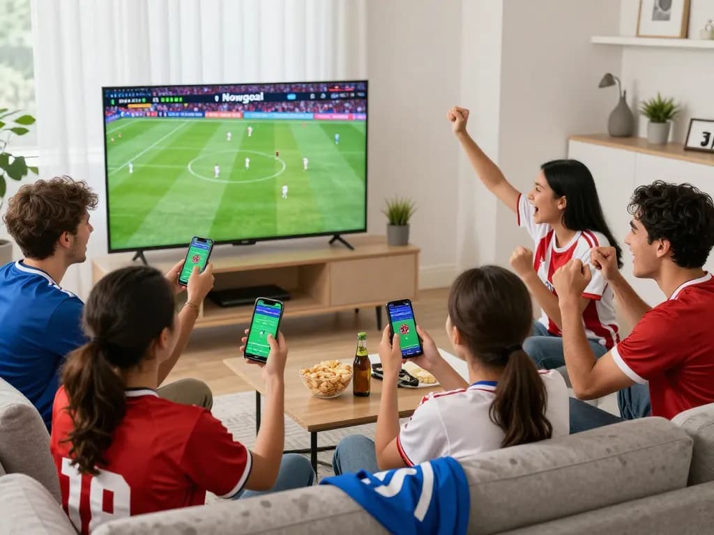 Sports fans enjoying a live soccer match on Nowgoal with betting apps in hand, celebrating the excitement.