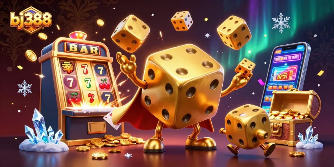 Join the excitement with bj388's vibrant 3D visual of golden dice and casino elements showcasing thrilling jackpots.