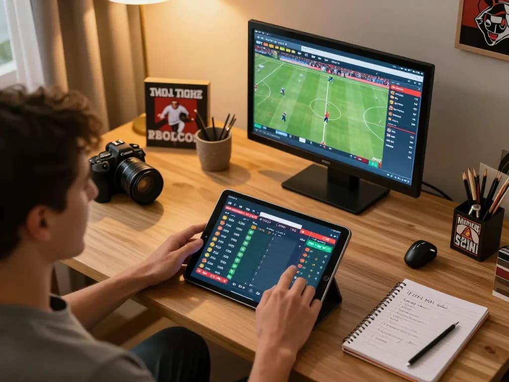 Engaging user placing bets at HDBET through a tablet in a cozy sports-themed home setup.