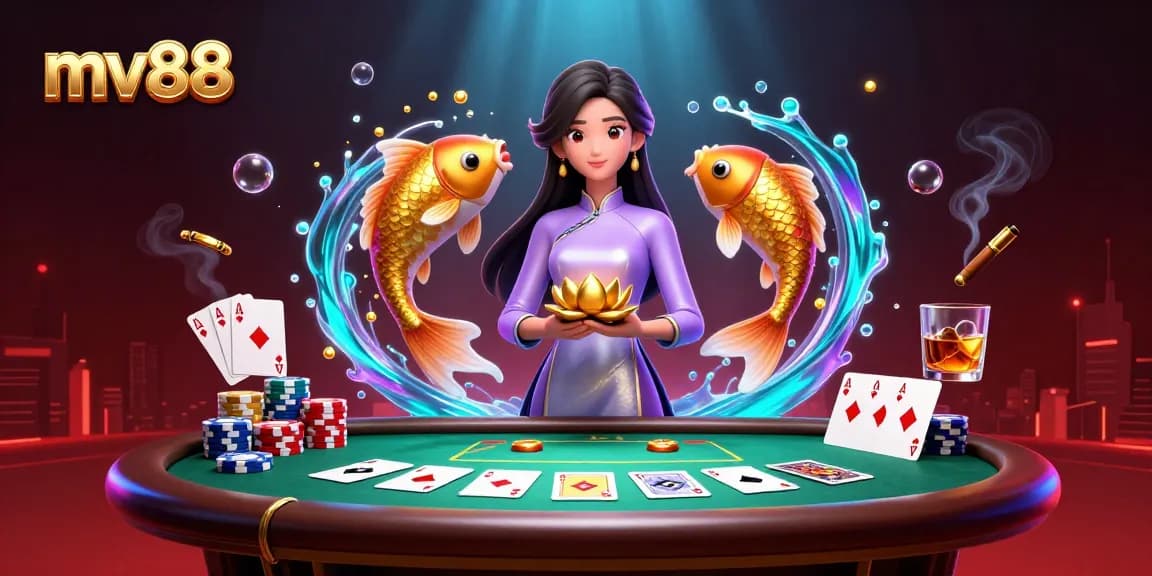 Engage with mv88's vibrant online casino scene featuring a captivating Asian woman and dynamic poker elements.