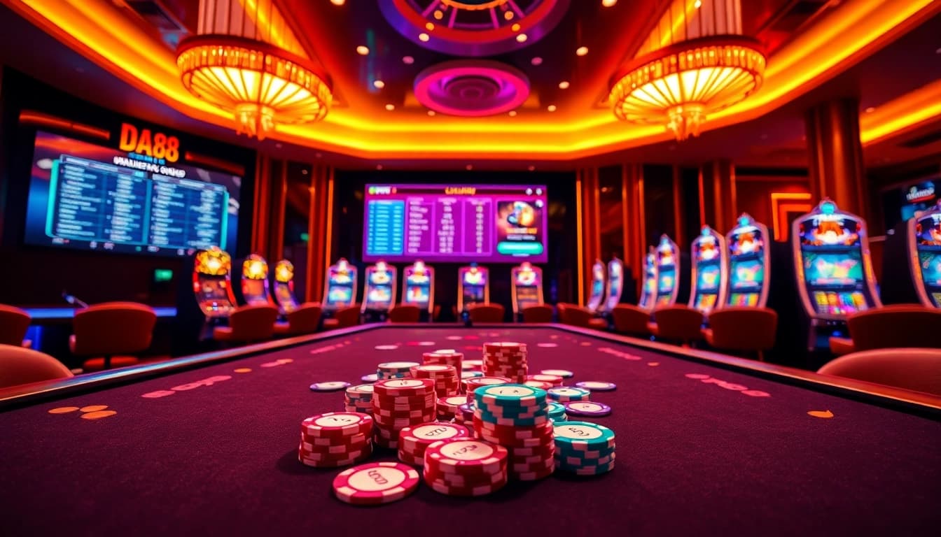 Experience the thrill of DA88 at a luxurious casino table filled with vibrant chips and cards.