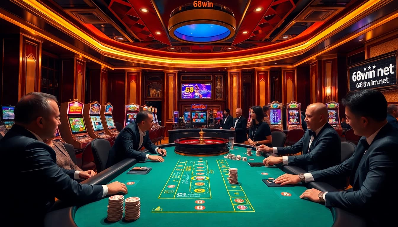 Experience thrilling gameplay at 68win net featuring luxurious casino interiors with poker chips and slot machines.