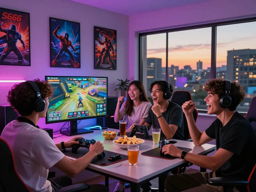 Exciting group playing S666 game together in a vibrant gaming room.