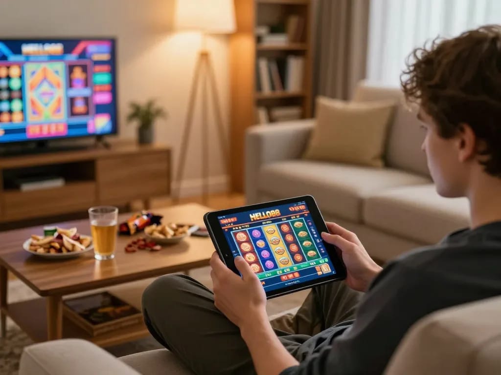 Person playing HELLO88 online casino games on a tablet, illustrating home gaming experience