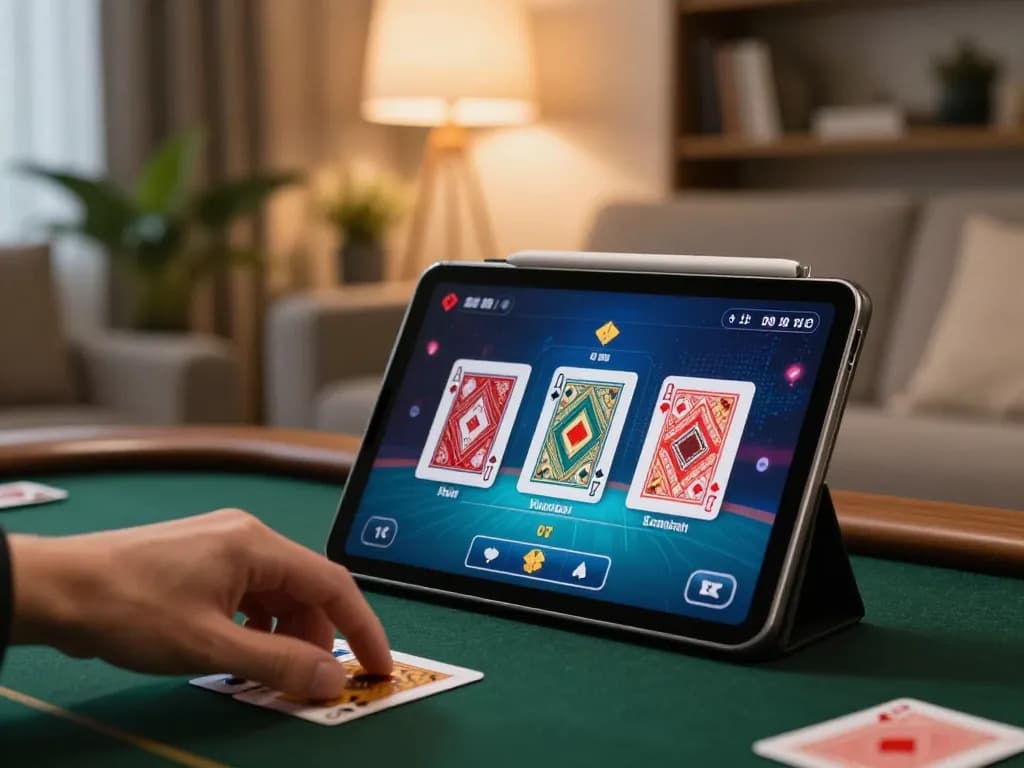 Liên minh ATQ player enjoying online poker on a tablet in cozy living room setting.