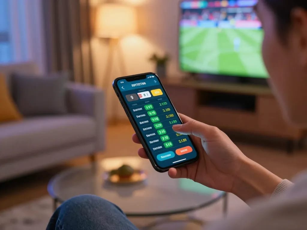 ta88 user placing bets on a smartphone while watching live sports in a lively home setting.