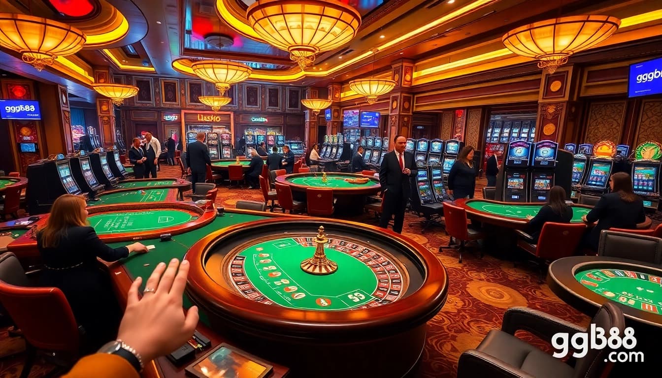 Excited players gambling at luxurious tables with gg88 com branding in a vibrant casino atmosphere.
