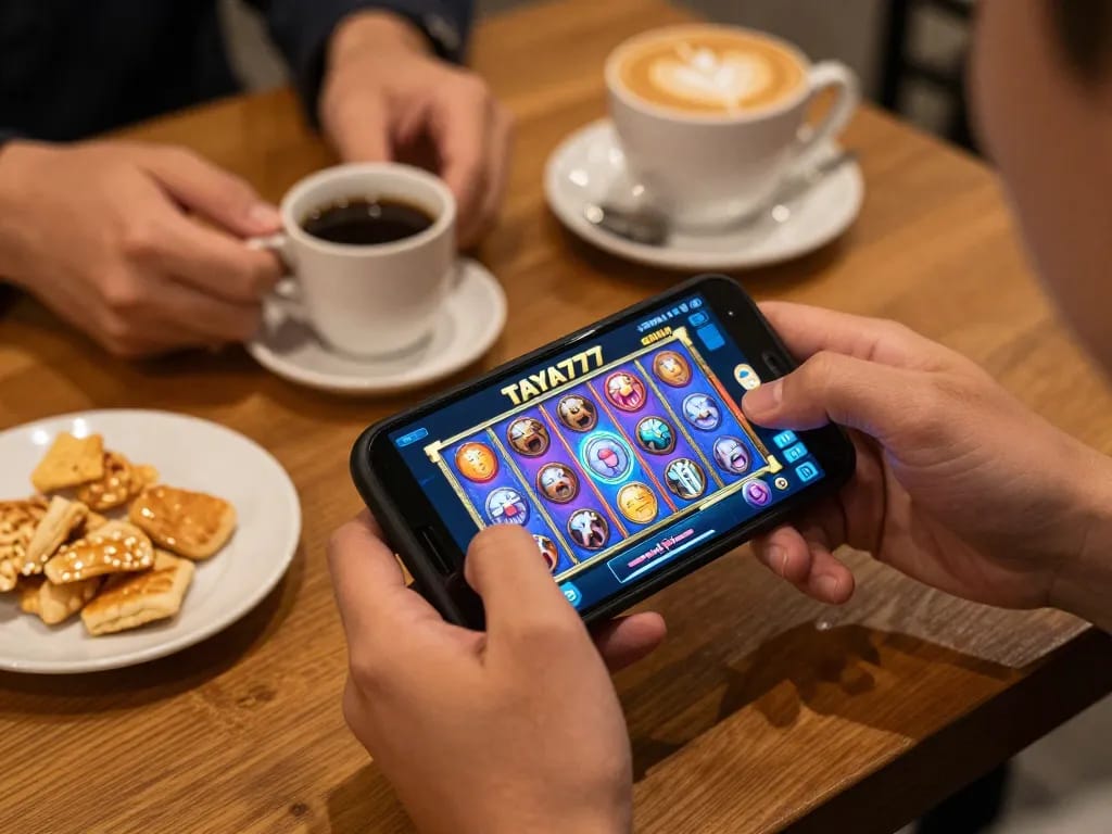 Experience immersive gaming on the TAYA777 app with vibrant slot games in a cozy café environment