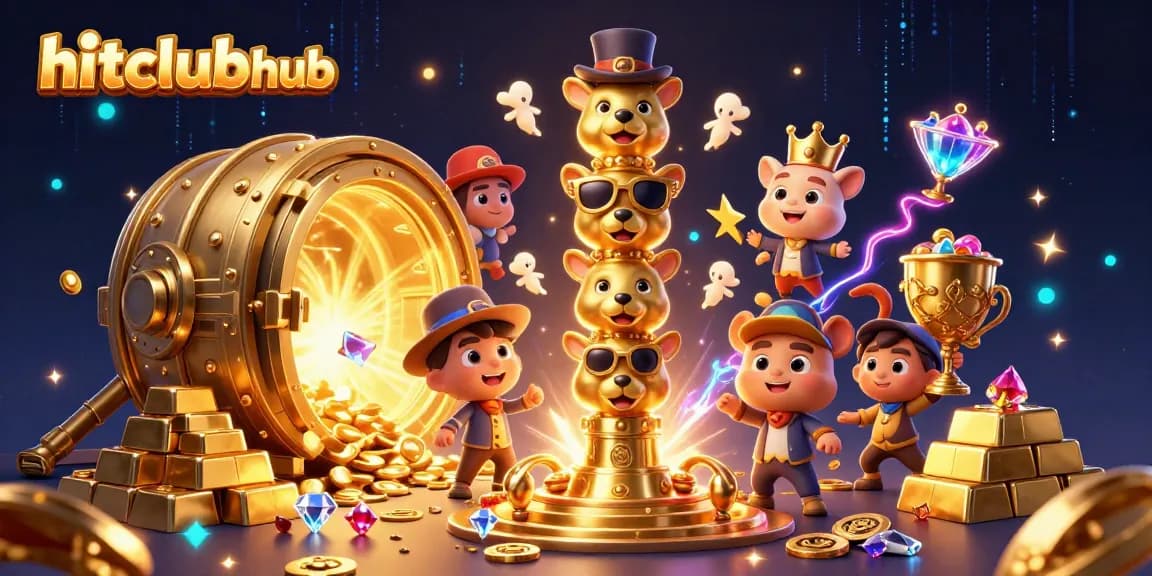 Experience the excitement of hitclubhub with animated casino symbols and vibrant treasures.