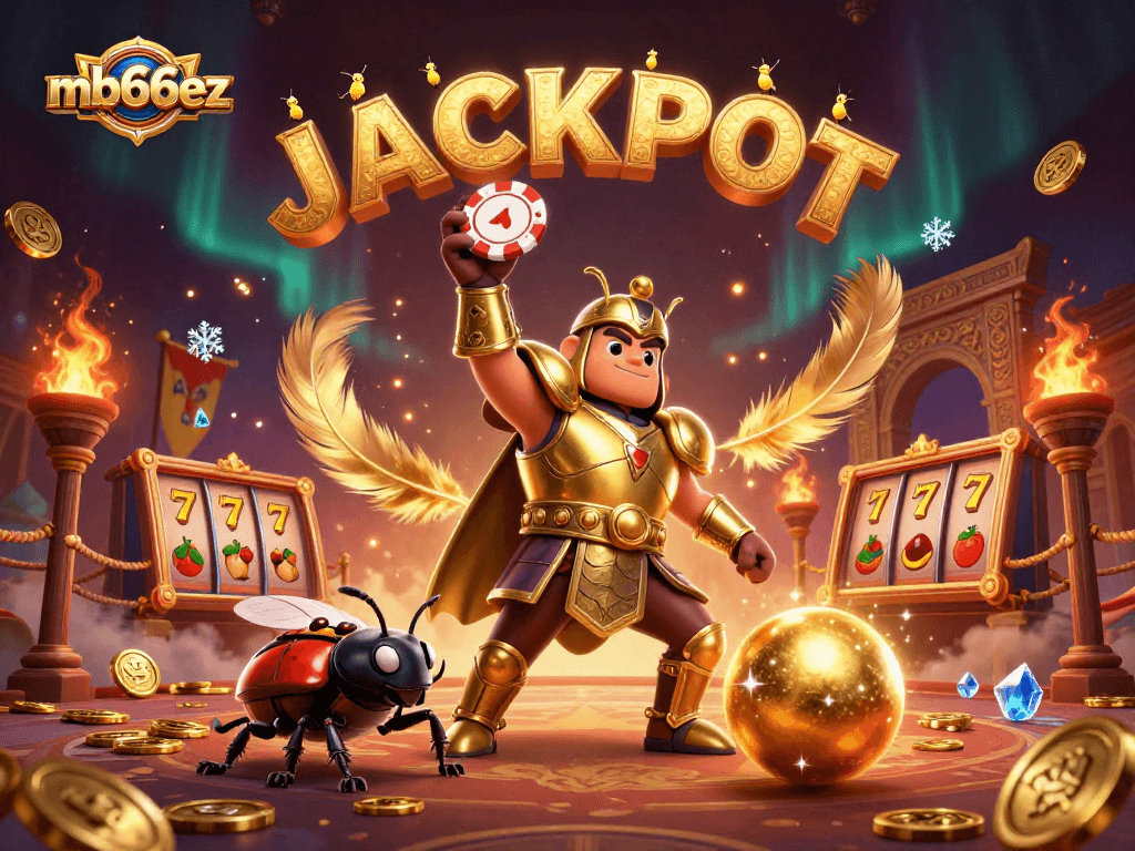 mb66ez showcases a victorious hercules beetle celebrating with a poker chip, symbolizing jackpot wins
