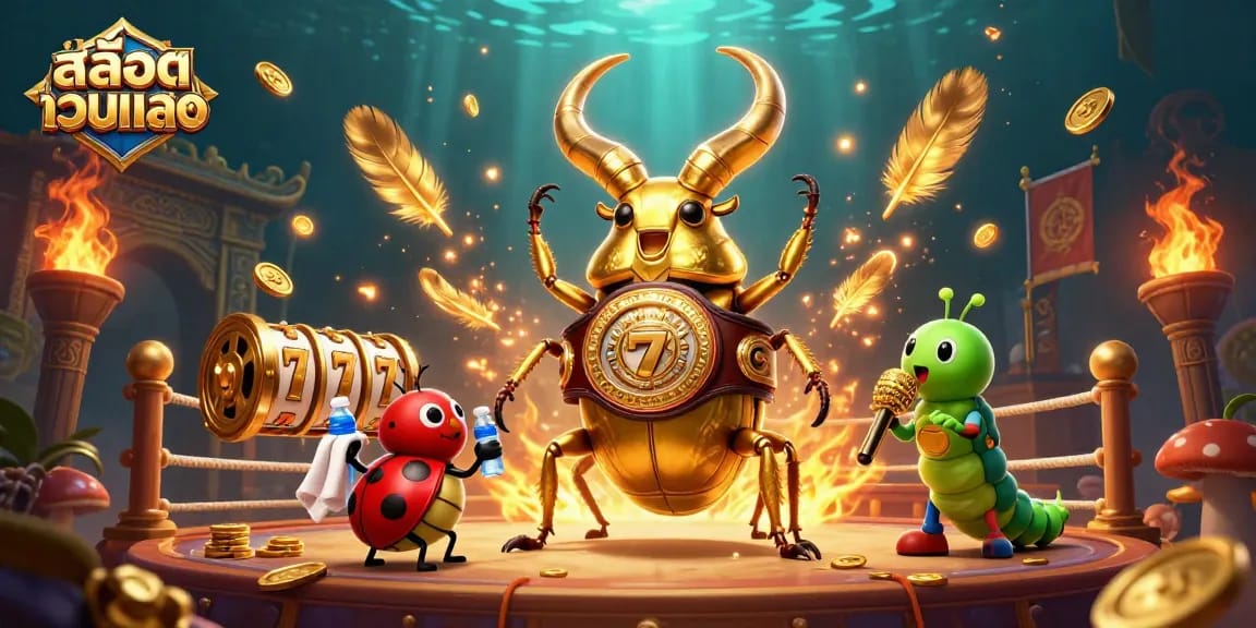 Engage in thrilling gameplay withสล็อตเว็บตรง as giant beetle faces off against casino-themed elements in a vibrant arena.
