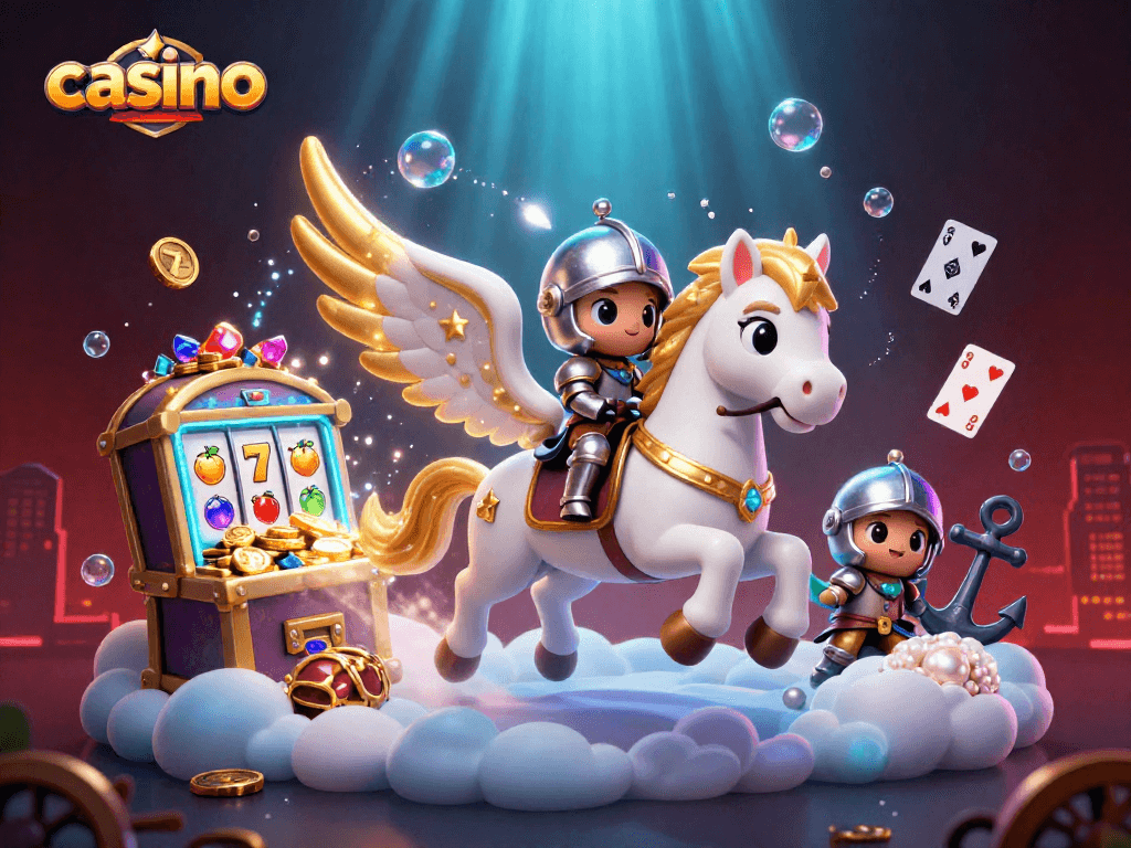 Experience thrilling casino excitement with a celestial horse and knight amidst treasure riches.