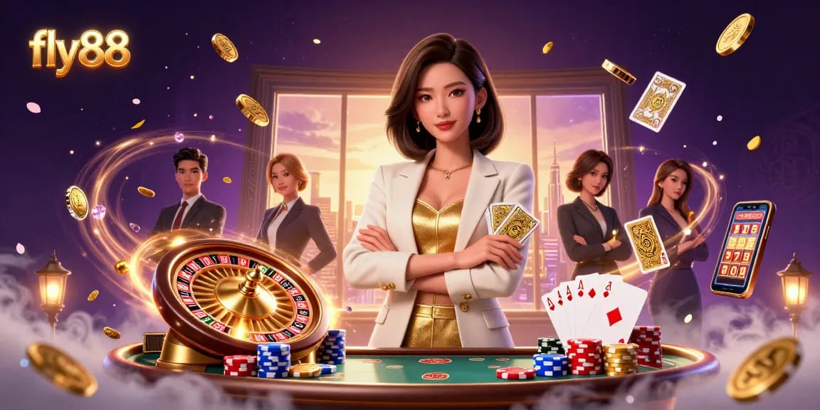 Experience thrilling gaming at fly88, featuring vibrant casino elements and a captivating setting.