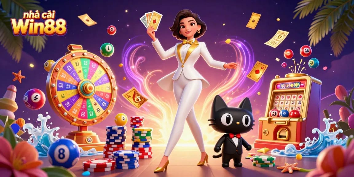 Experience the thrill at nhà cái Win88 with vibrant games, golden tickets, and animated elements!
