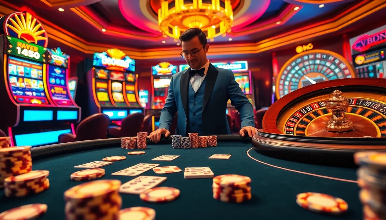 Experience thrilling casino gameplay with VB888 at an elegant poker table filled with chips and cards.