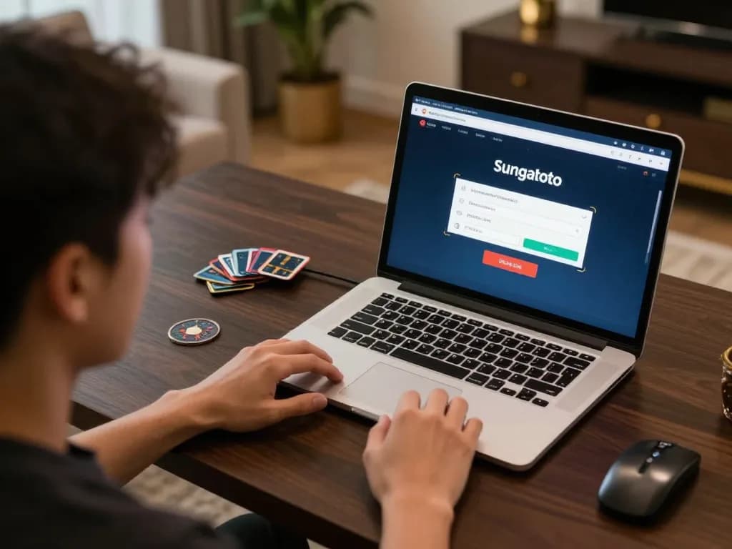 sungaitoto login interface displayed on laptop as player strategizes for online betting