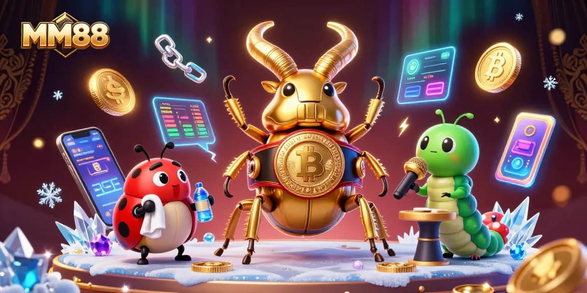 Experience MM88 dynamic gaming action with vibrant 3D casino characters amidst cryptocurrency elements.
