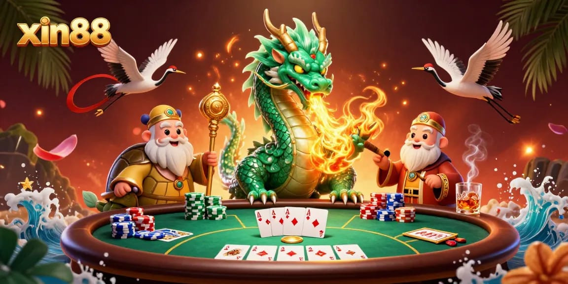 Experience thrilling gameplay with xin88's unique dragon, turtle sage, and lucky cranes in a vibrant casino scene.