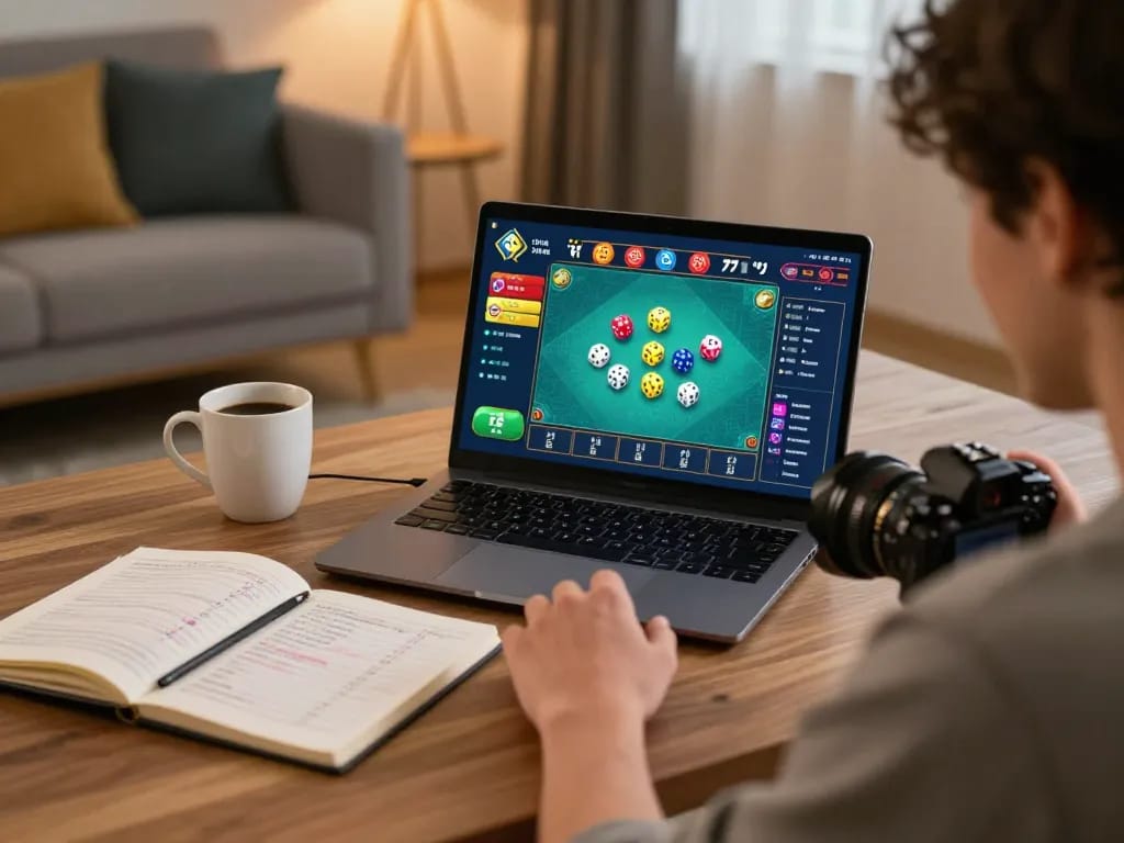Player enjoying Tài Xỉu online gaming experience at home with laptop, showcasing engagement with taixiuonlinego.