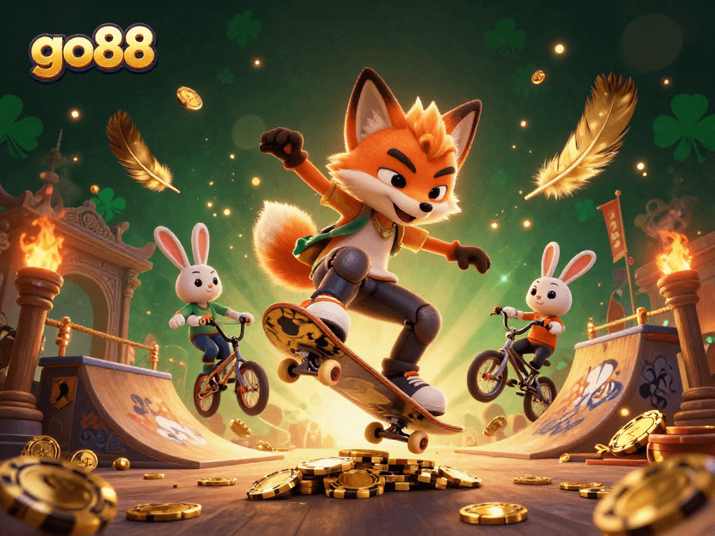 Engage with go88 in a dynamic 3D scene featuring a fox and rabbit illustrating exciting casino gaming elements.