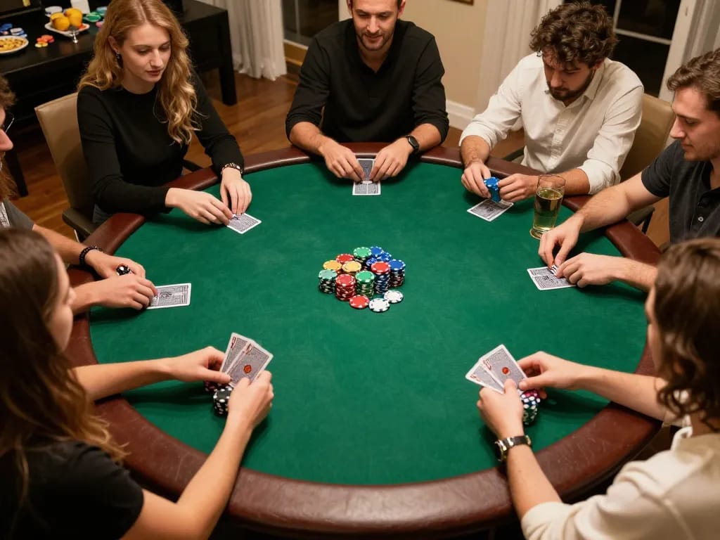 Nổ Hũ game action with players engaged in an exciting home poker night atmosphere