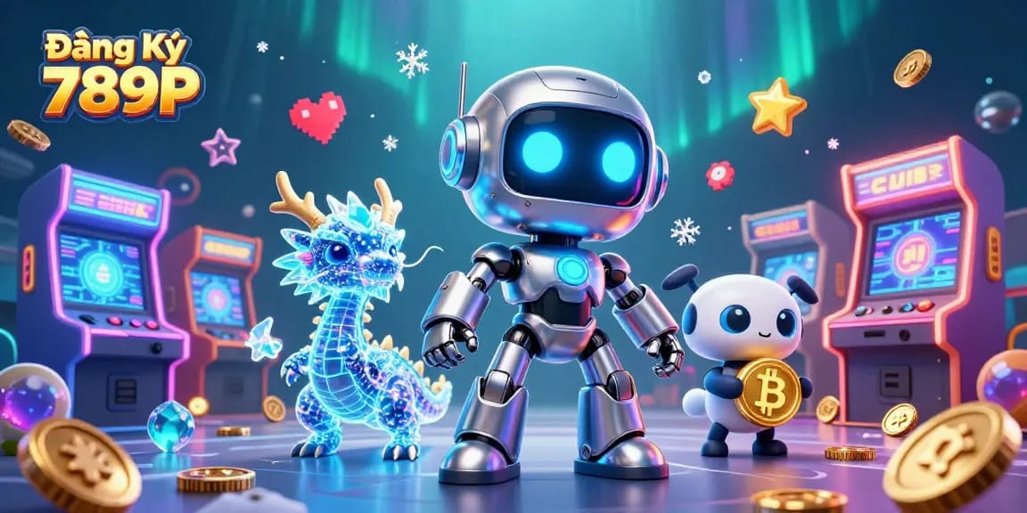 Engage with Đăng Ký 789P at an exciting gaming arcade, showcasing neon-lit elements and vibrant casino graphics.