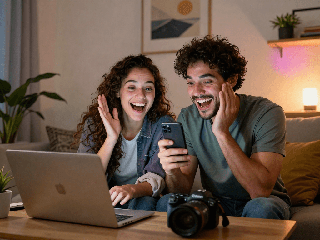 Couple enjoying ai chat porn through video chat, with modern tech and warm ambiance