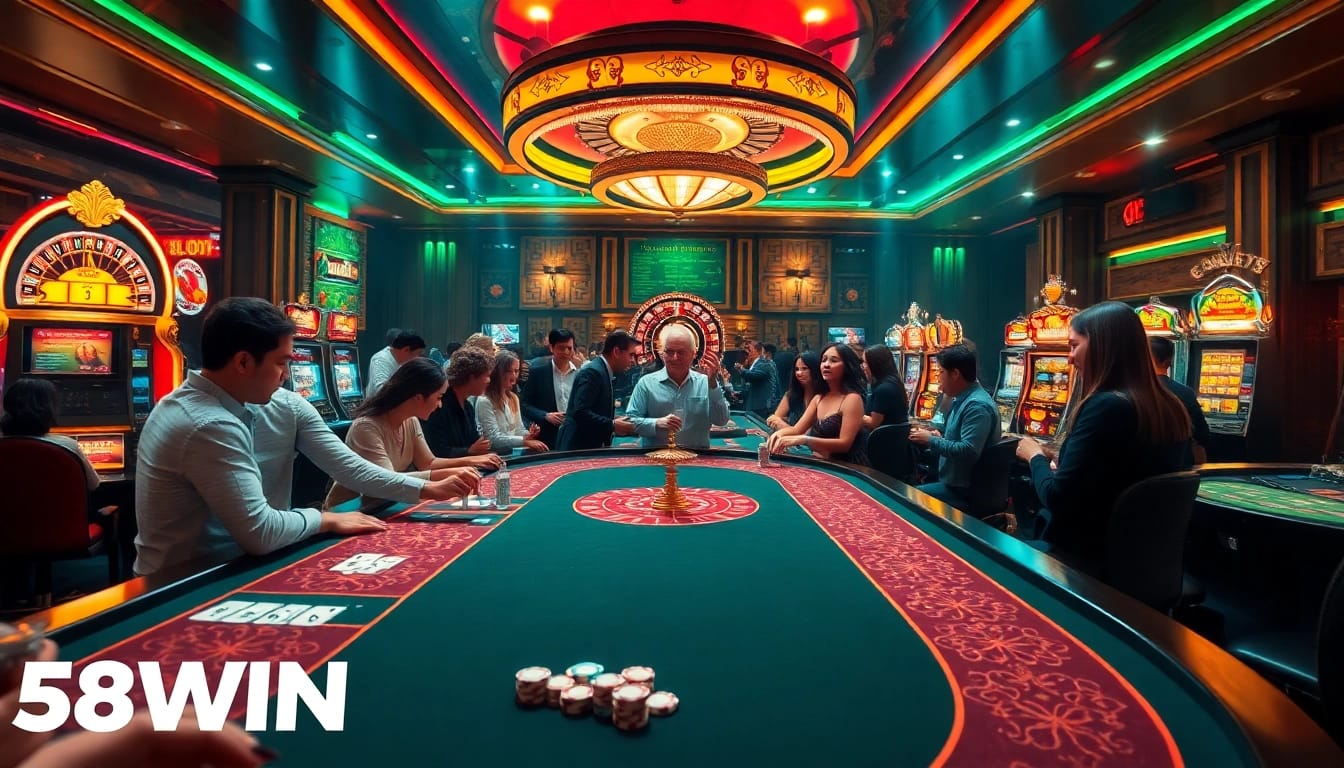 Exciting gambling scene at 58WIN featuring poker tables, slot machines, and luxury ambiance.