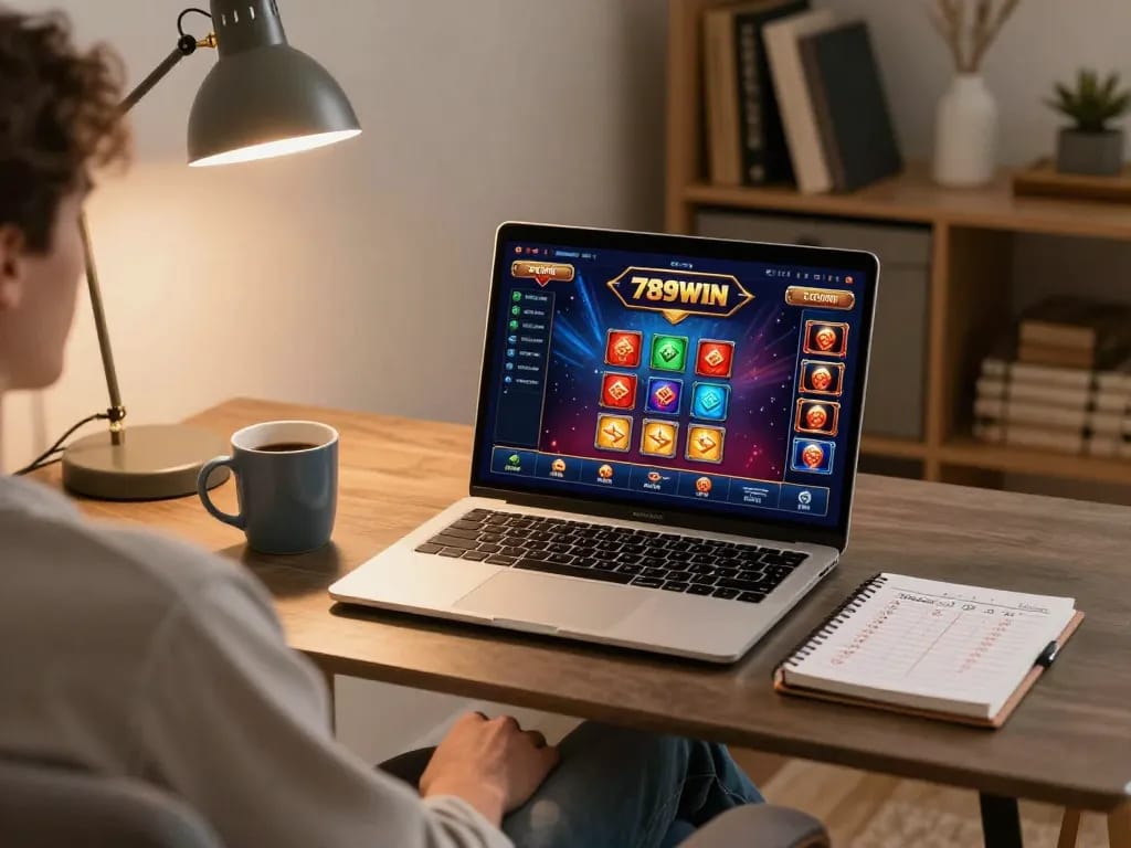 Engage with 789WIN online casino gameplay in a cozy home setup.