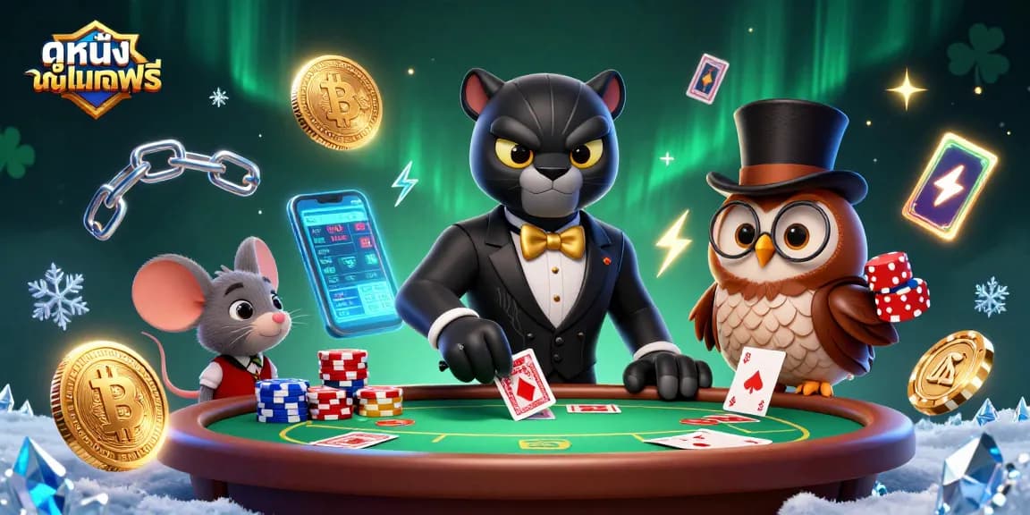 Dealing cards in an exciting online casino scene with poker chips and vibrant crypto elements for ดูหนังออนไลน์ฟรี.
