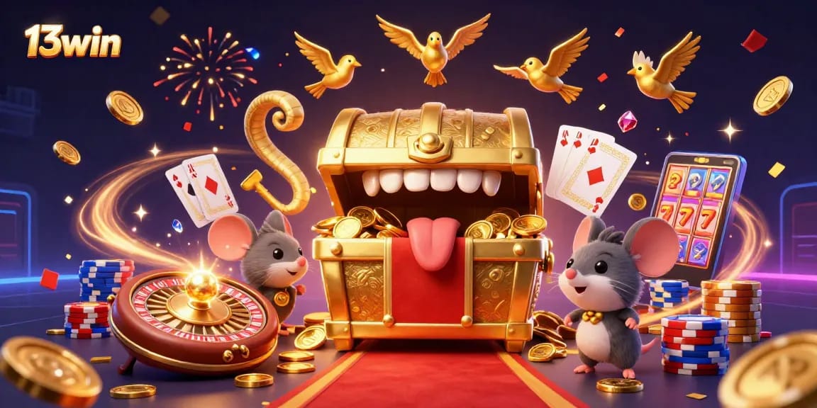 Experience 13win's exciting treasure gaming scene with vibrant 3D cash rewards and fun adventure.