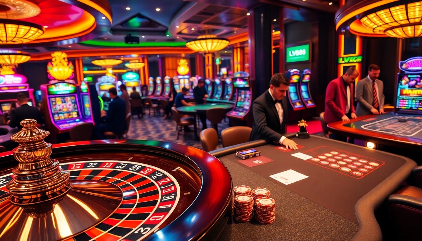 Experience the thrill of lv88 at a luxurious casino with vibrant slot machines and a roulette wheel.