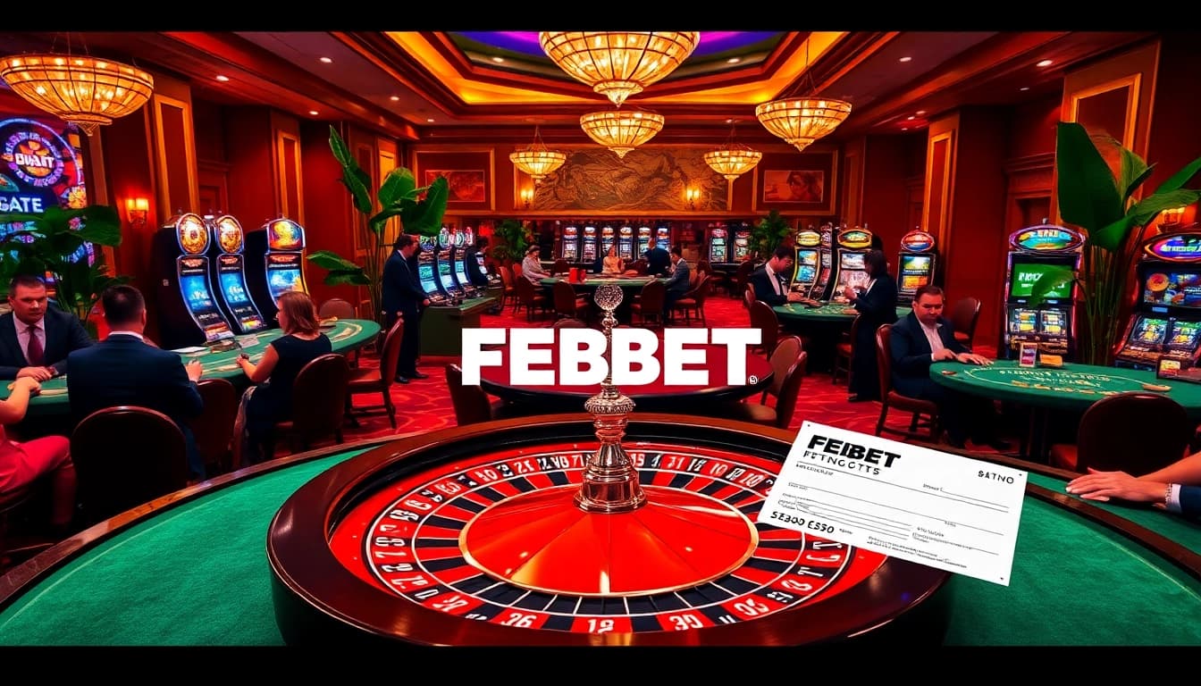 Players enjoying a winning moment at a casino table with FEBET branding in the scene