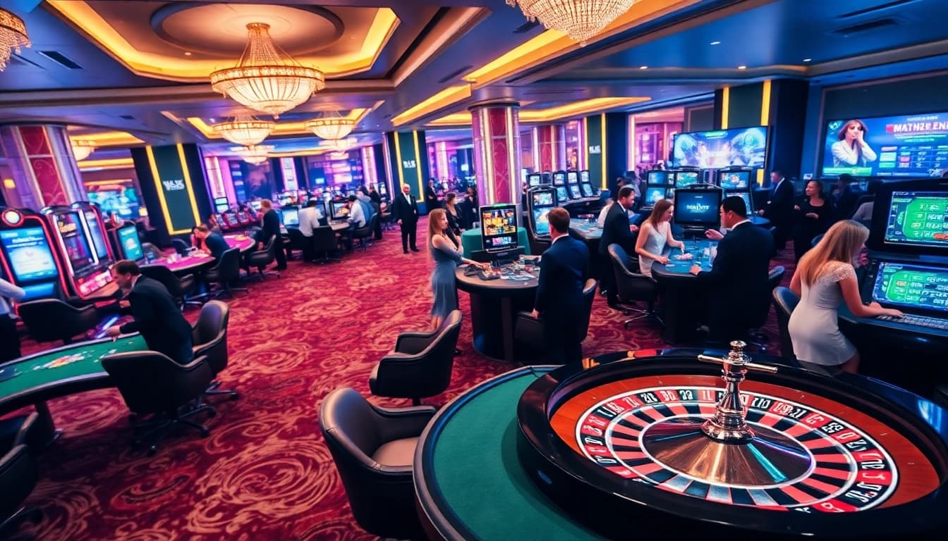 Experience the thrilling atmosphere of km1888b with players engaging in poker and roulette.