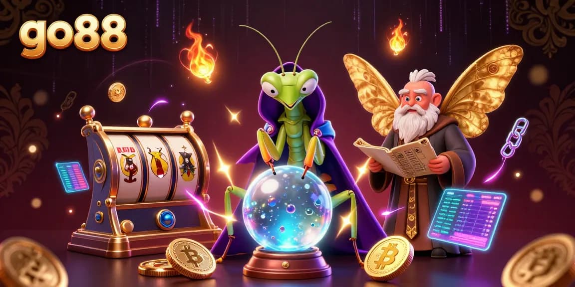 Experience thrilling gameplay at go88 with vibrant slot reels and mystical characters encircled by neon coins.