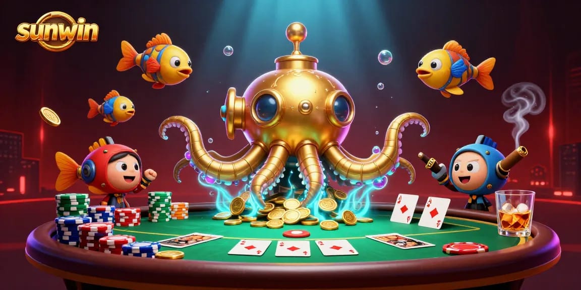 Experience the thrill of sunwin with a vibrant casino-inspired underwater scene filled with gold and poker.