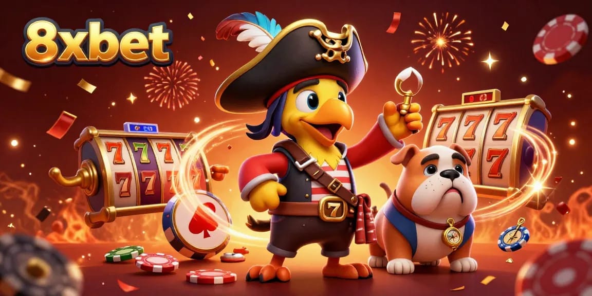 Experience thrilling action at 8xbet with colorful slots and vibrant pirate characters.