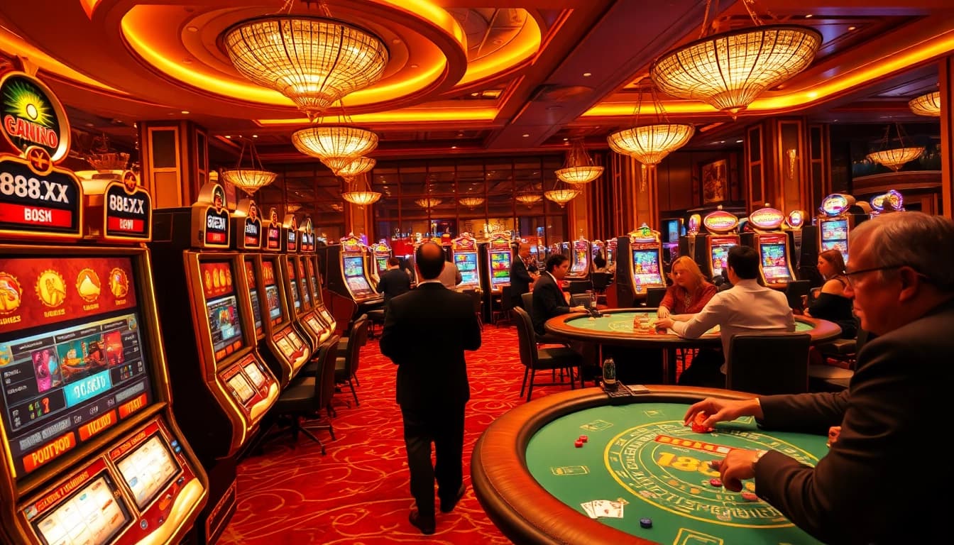 Exciting gaming action at 88xx casino with vibrant poker tables and luxury slot machines.