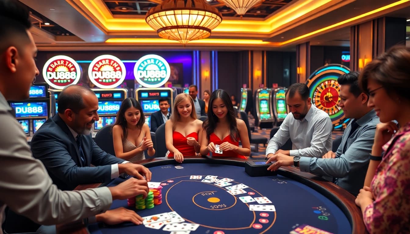 Players at a casino engage in exciting games, featuring the DU888 table in a vibrant atmosphere.