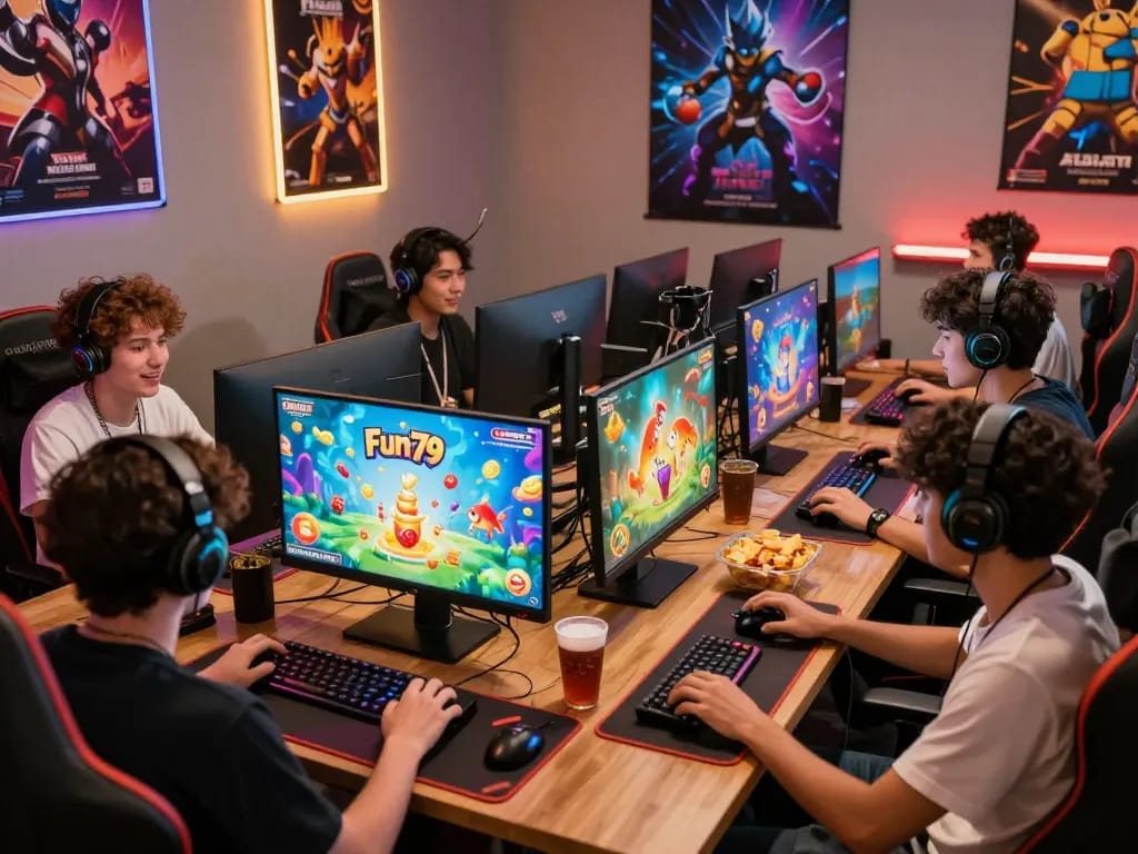 Fun79 online gaming setup with players enjoying vibrant fish-themed graphics and snacks.