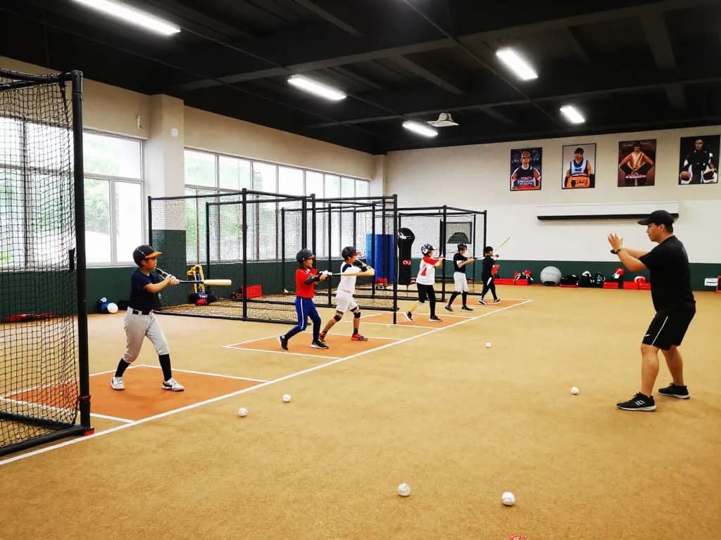 Young athletes training at hit club facility, practicing baseball swings under bright lights.
