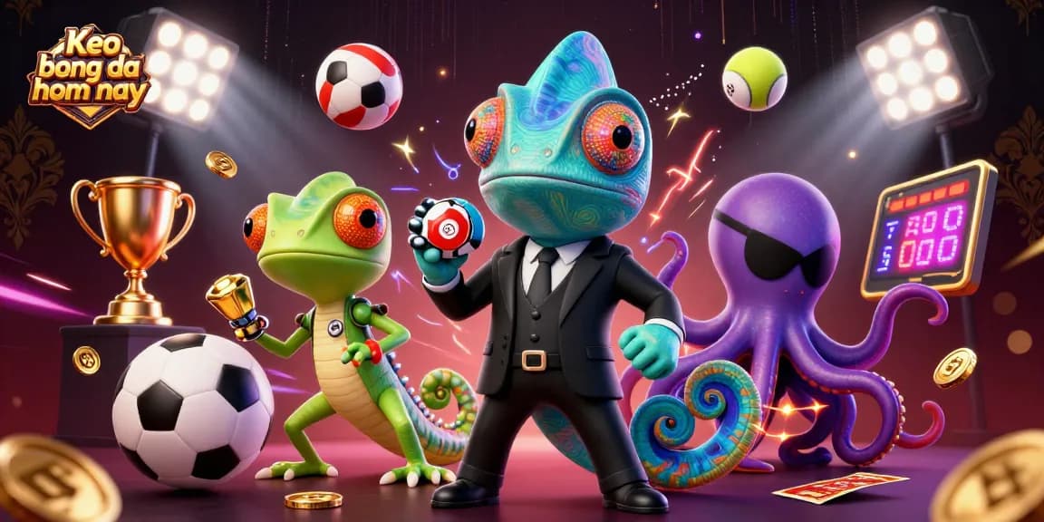 Experience Keo bong da hom nay with dynamic sports betting action featuring a colorful chameleon and its gecko companion.