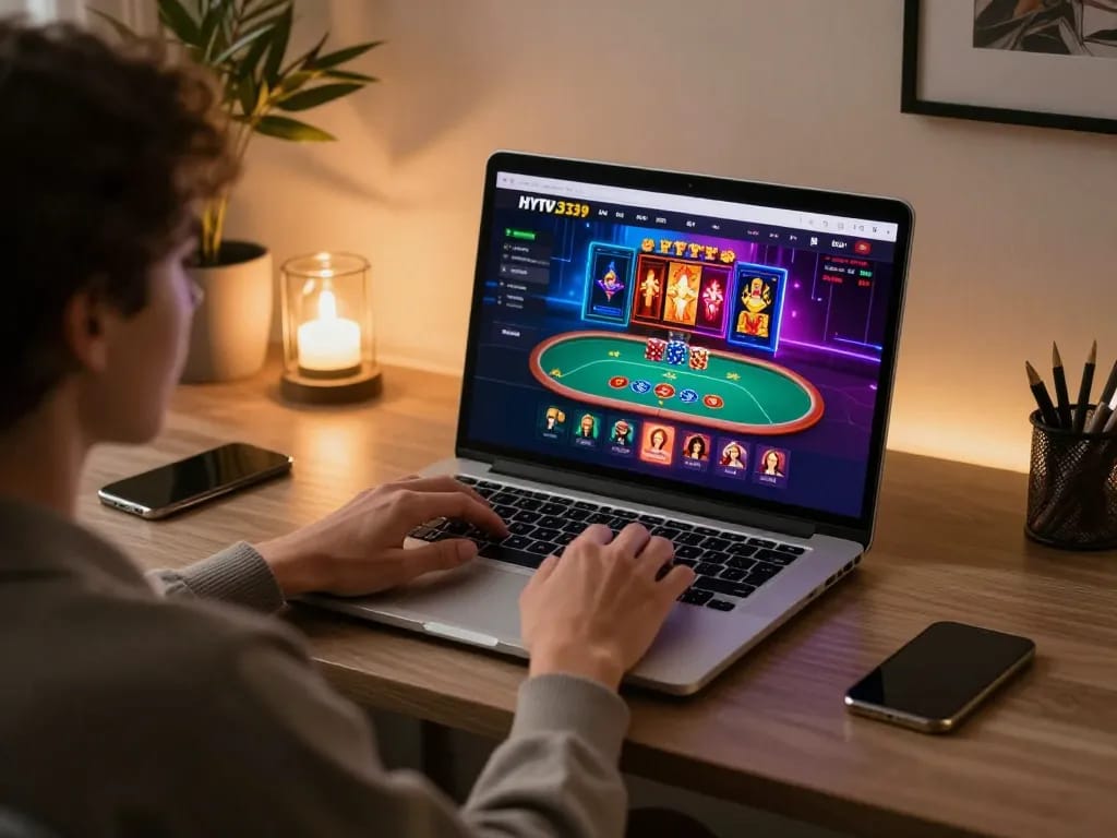 Engaging HYTW3339 đăng nhập experience with player using laptop for online gambling in cozy home setup