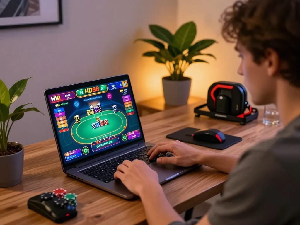 hd88 user engages in online poker gameplay on a laptop in a modern home office setting