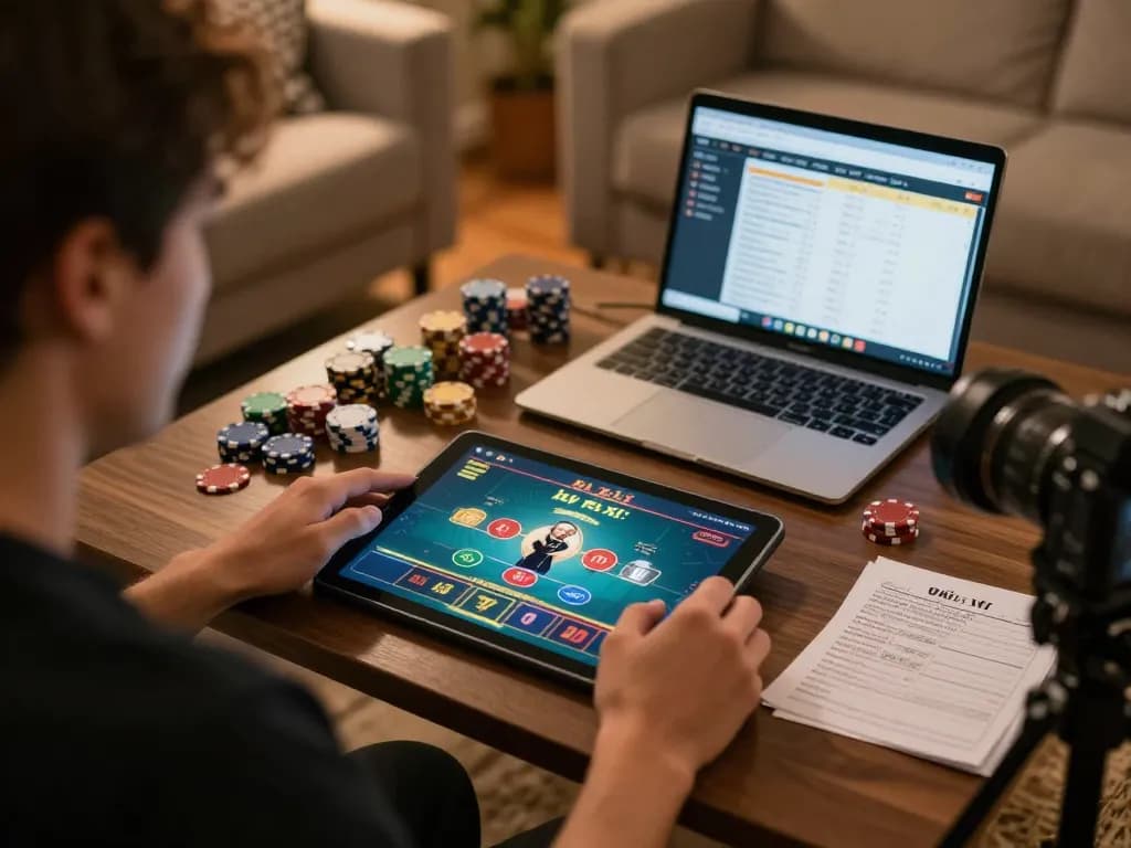 Engaging in tài xỉu online gaming on a tablet in a cozy home environment, showcasing betting notes and chips.