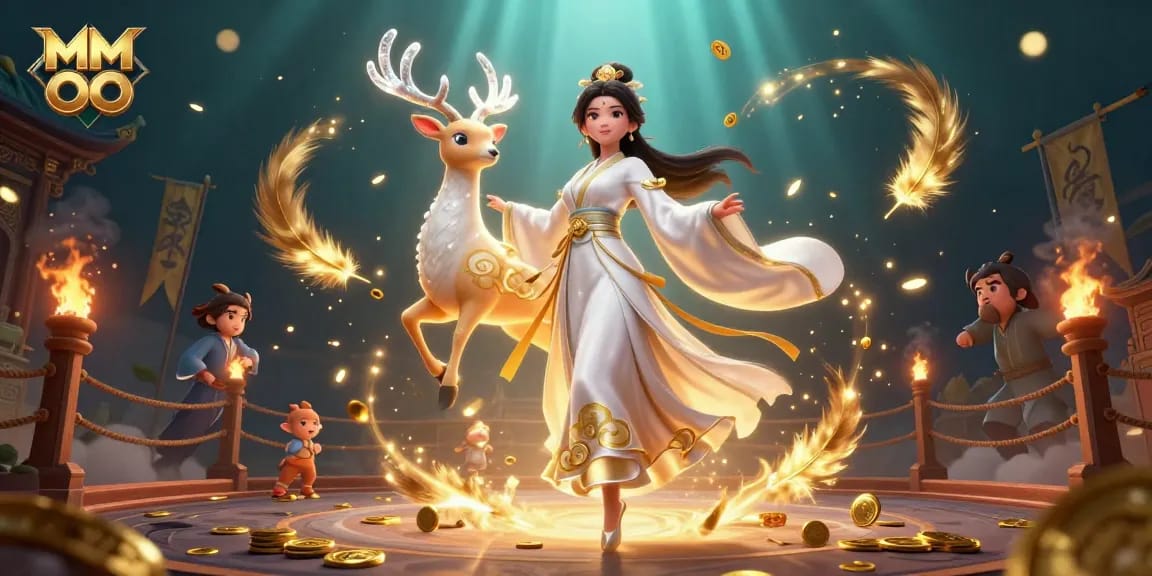 Engaging gameplay at MM OO with a stunning 3D scene of a beautiful woman and crystal deer amidst casino elements.