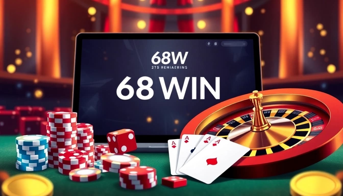 Experience online gambling at 68WIN with luxury casino elements like cards and chips.