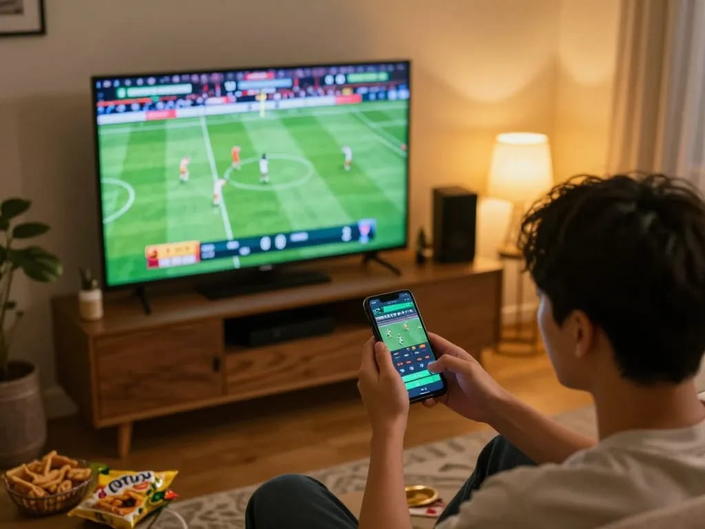 CakhiaTV user placing bets on mobile app while watching live football match, capturing excitement and strategy