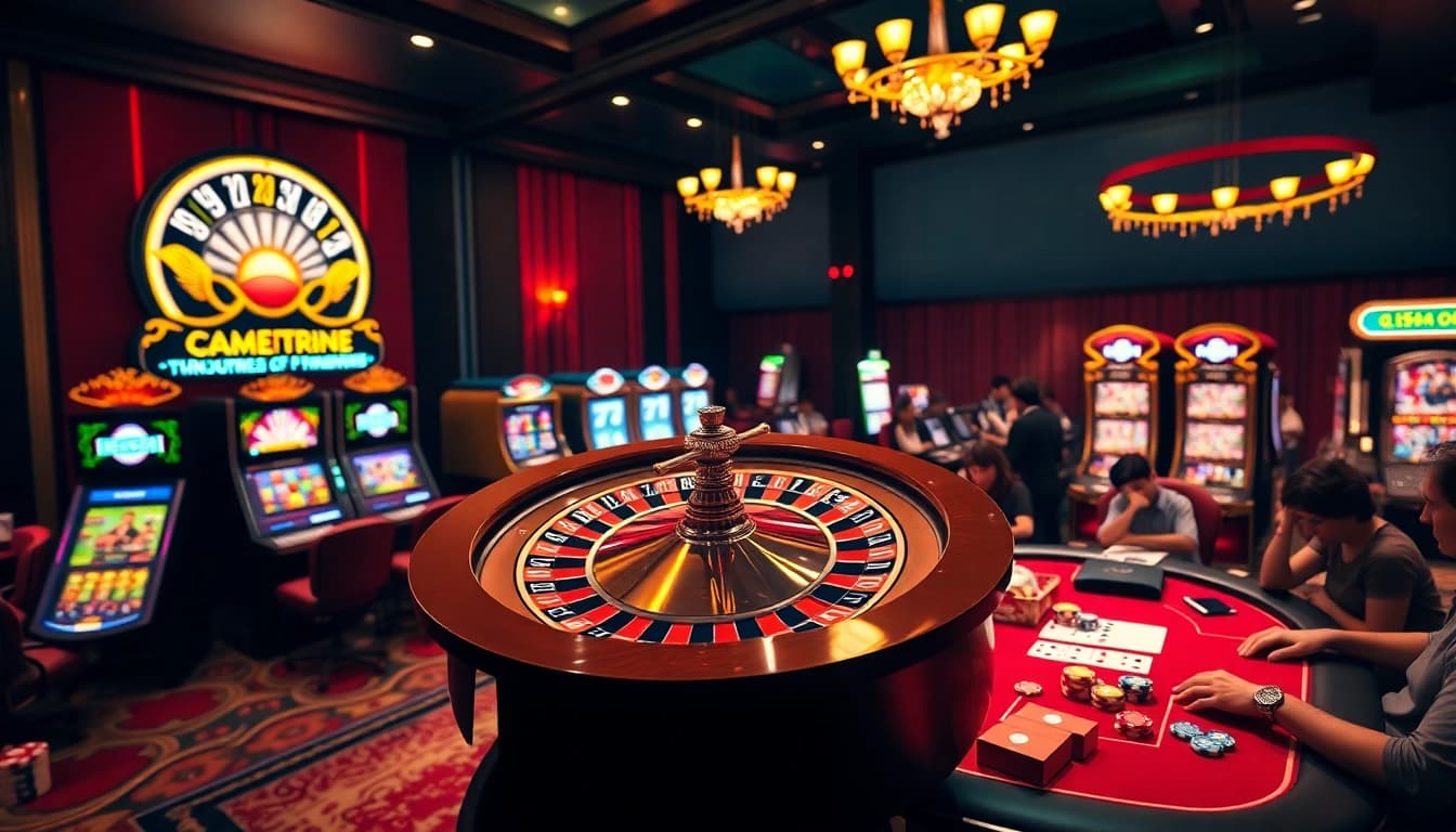 Engage in thrilling gameplay at QQ88 COM with vibrant casino elements like roulette wheels and slot machines.